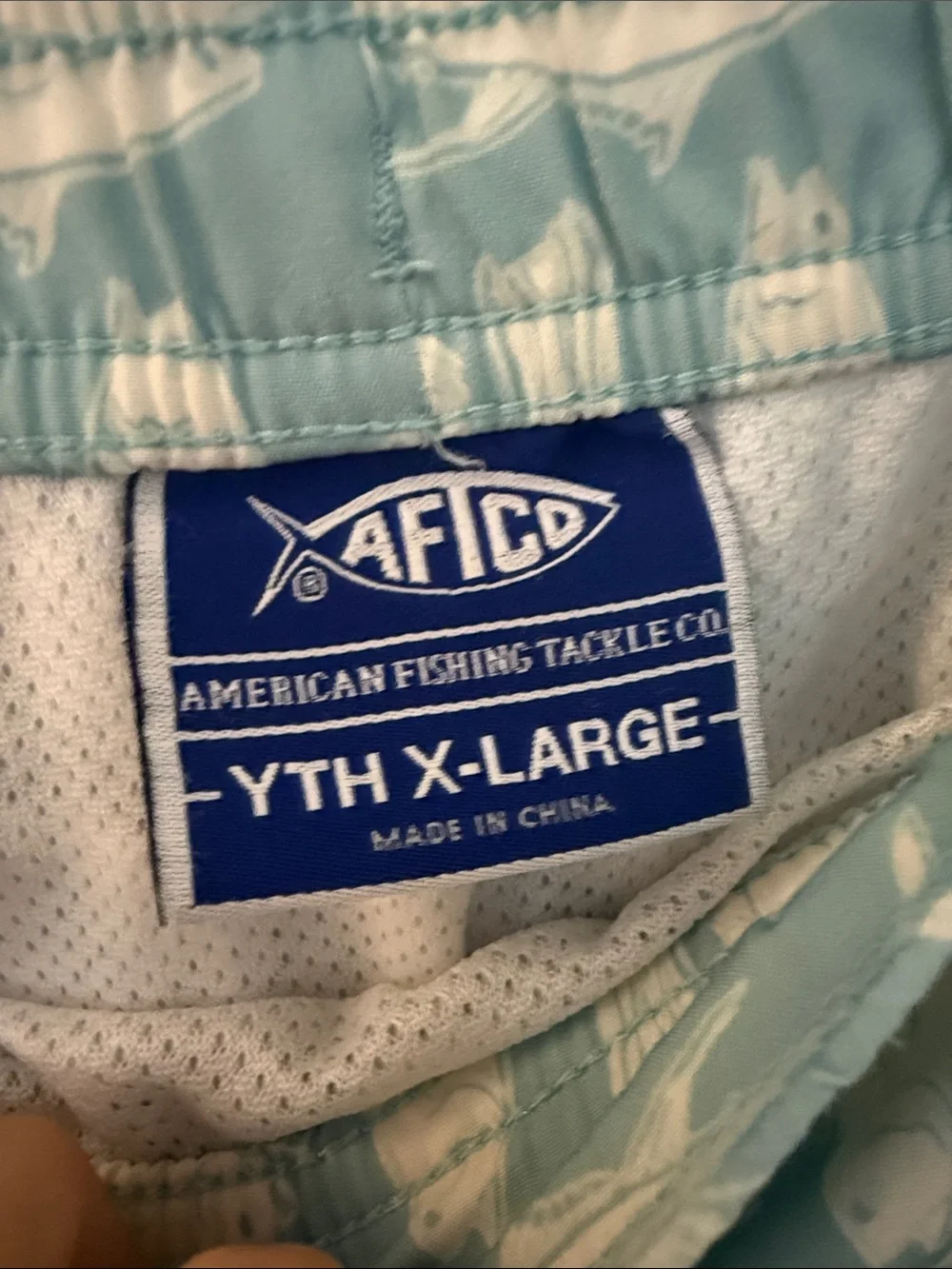 AFTCO Light Blue & White Fish Print Kids Swim Trunks youth XL